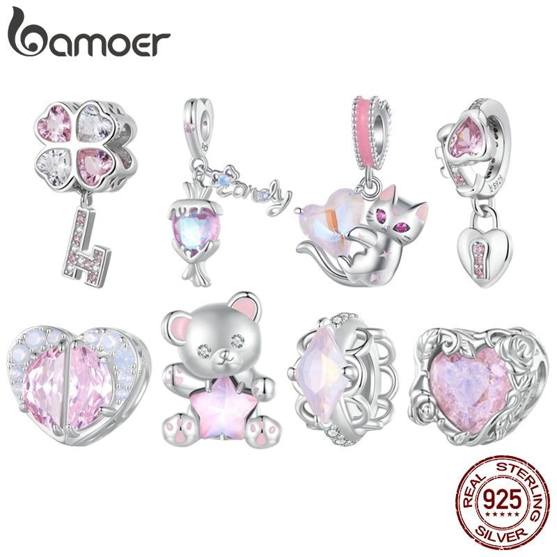 Sterling Silver Pink Star Bear Heart Charms Beads for Women Bracelet & Bangle