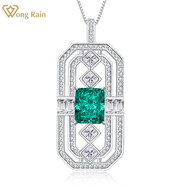 Wong Rain Vintage 925 Sterling Silver Crushed Ice Cut Created Moissanite Emerald Gemstone Party Pendant Necklace Fine Jewelry