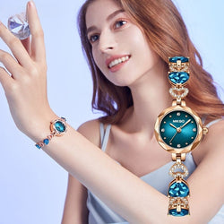 Stainless Steel Blue Crystal Bracelet Watch for Women