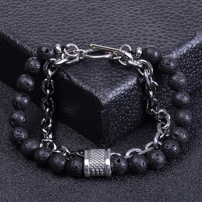 Stainless Steel Natural Map Stone Beaded Bracelet for Men