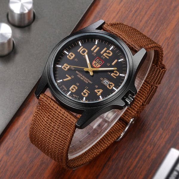 Stainless Steel Nylon Brown Round Glass Dial Date Watch for Men