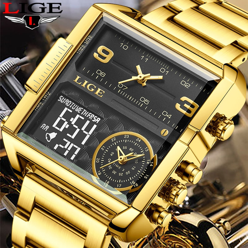 Gold Steel Square Digital Analog Quartz Watch for Man