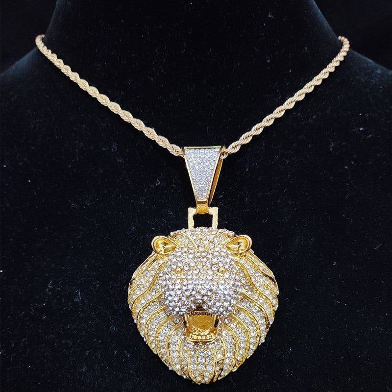 Men Women Hip Hop Lion Pendant Necklace with 13mm Crystal Cuban Chain Iced Out Bling HipHop Animal Necklaces Fashion Jewelry