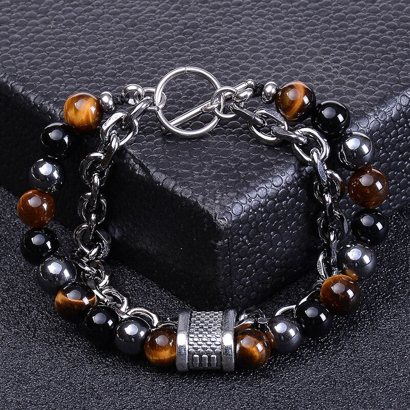 Stainless Steel Natural Map Stone Beaded Bracelet for Men