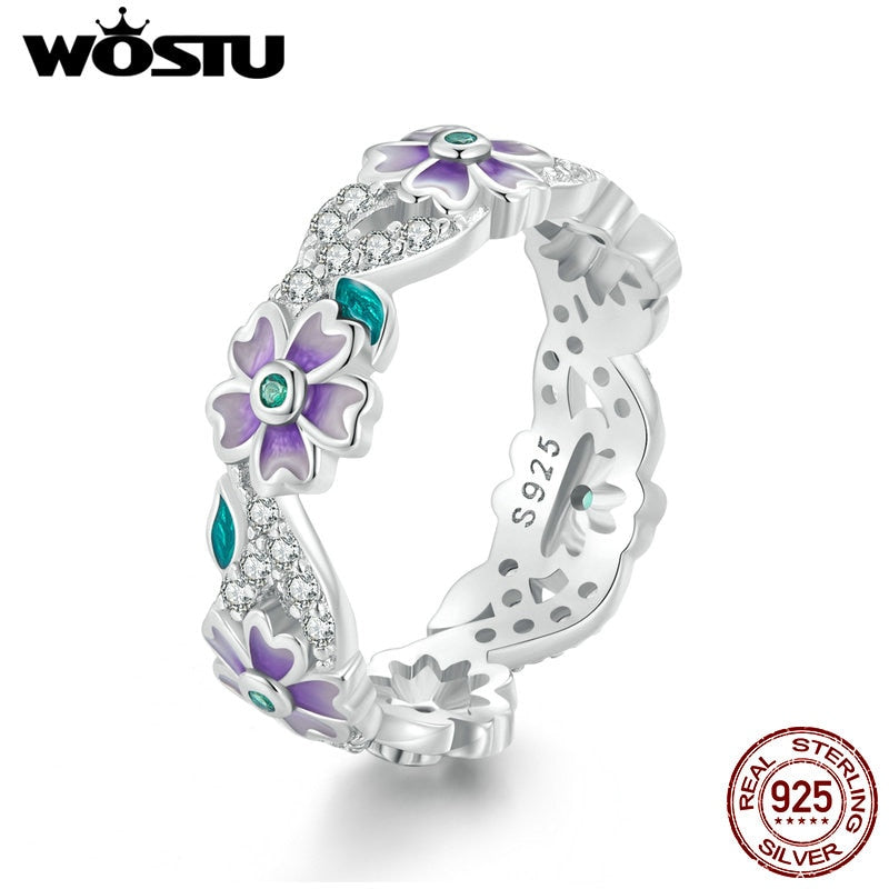 Sterling Silver Mystic Purple Flower & Vine Zircon Ring for Women