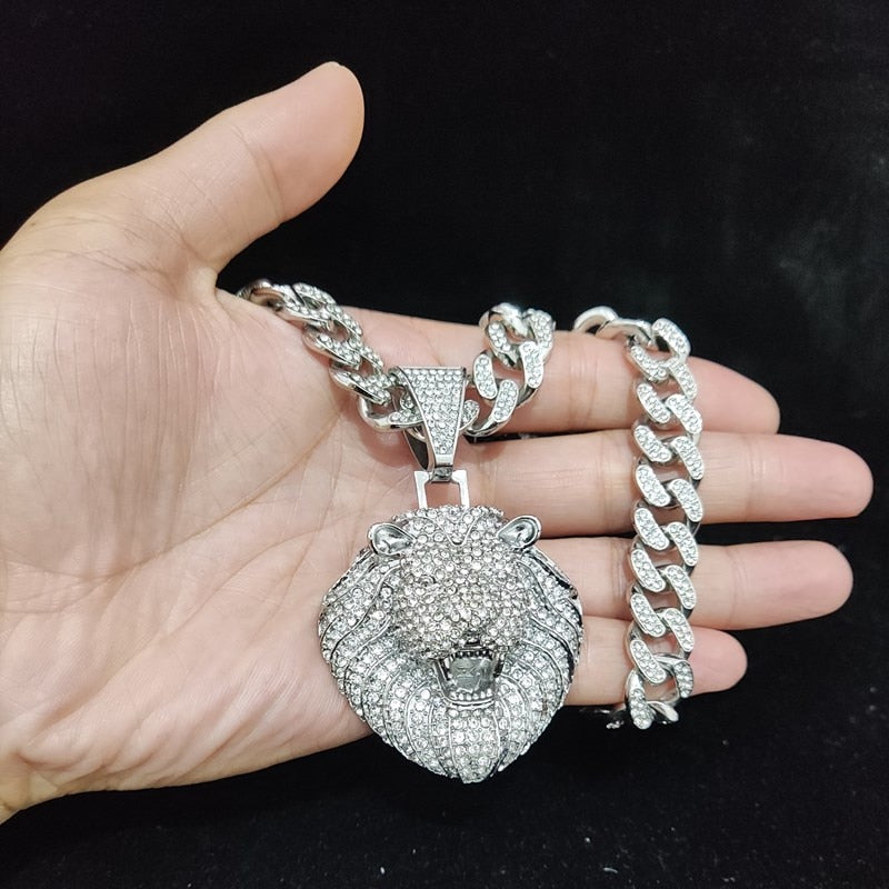 Men Women Hip Hop Lion Pendant Necklace with 13mm Crystal Cuban Chain Iced Out Bling HipHop Animal Necklaces Fashion Jewelry