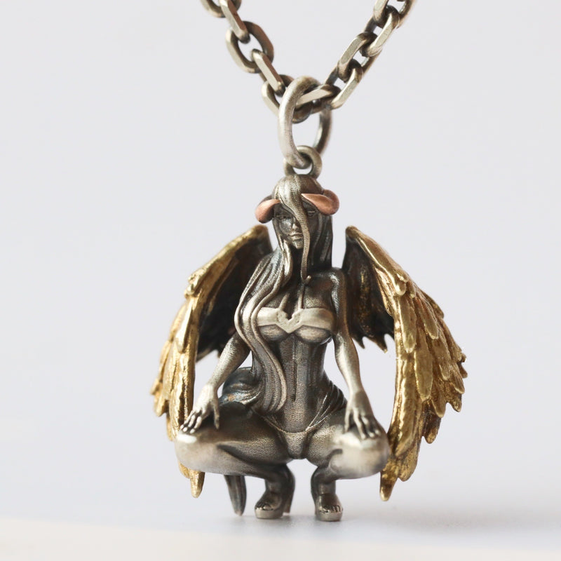 S925 Silver Devil Angel Pendant Necklace, Punk, Couples.