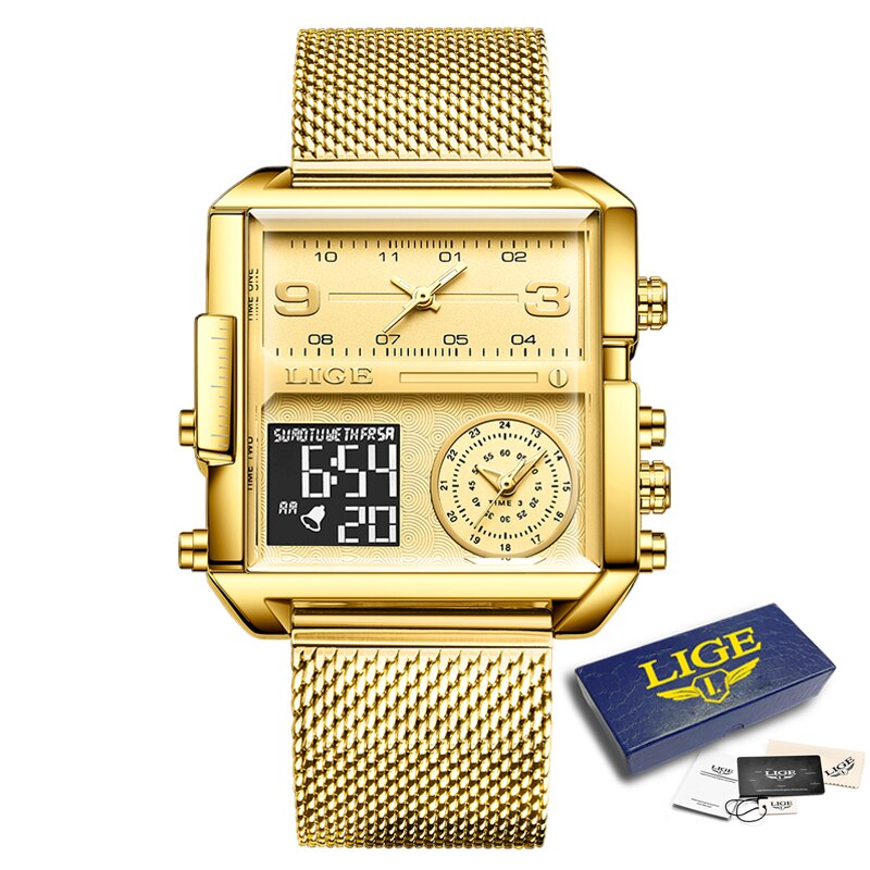 Gold Steel Square Digital Analog Quartz Watch for Man