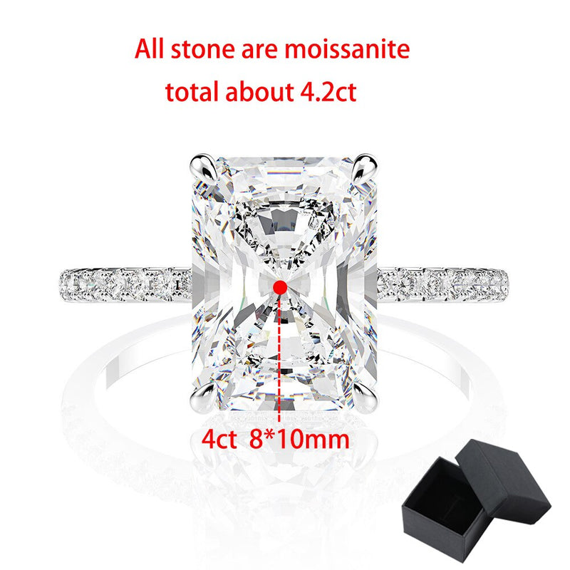 S925 Sterling Silver 4ct Radiant Cut Moissanite Solitaire Ring for Women