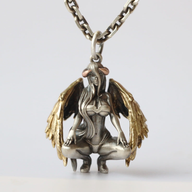 S925 Silver Devil Angel Pendant Necklace, Punk, Couples.