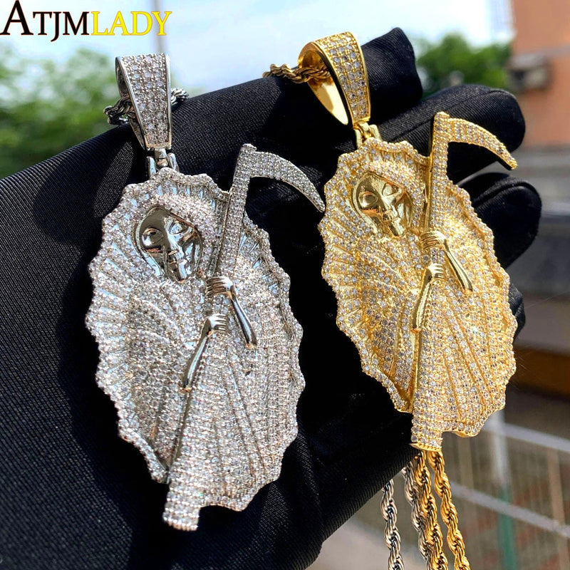 Sterling Silver Iced Out CZ Death Pendant Necklace for Men