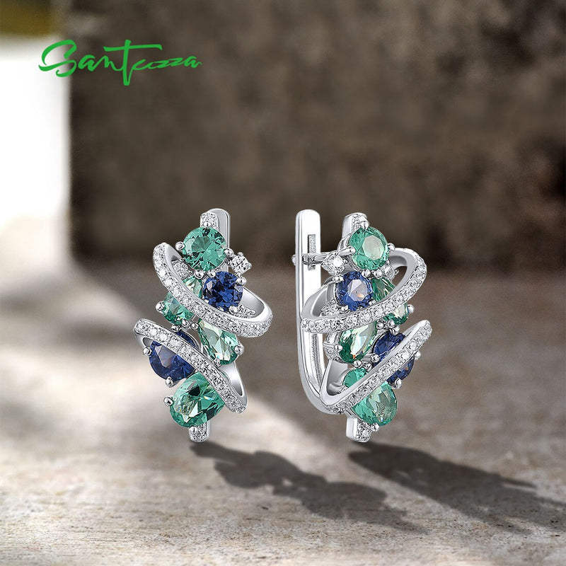 925 Sterling Silver Blue Green Spinel White CZ Earrings for Women