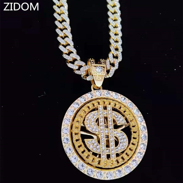 Silver Iced Out Bling Rotatable Dollar Pendant Necklace with 13mm Crystal Cuban Chain for Men