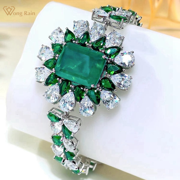 Wong Rain Vintage 925 Sterling Silver 12*16MM Emerald High Carbon Diamond Gemstone Fine Women Bracelet Jewelry Anniversary Gifts