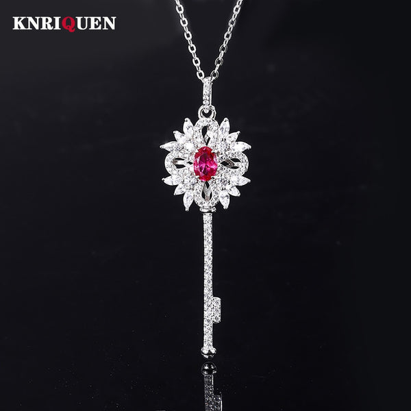 Sterling Silver 5x7mm Ruby Sapphire 0.05ct Diamond Key Pendant for Women