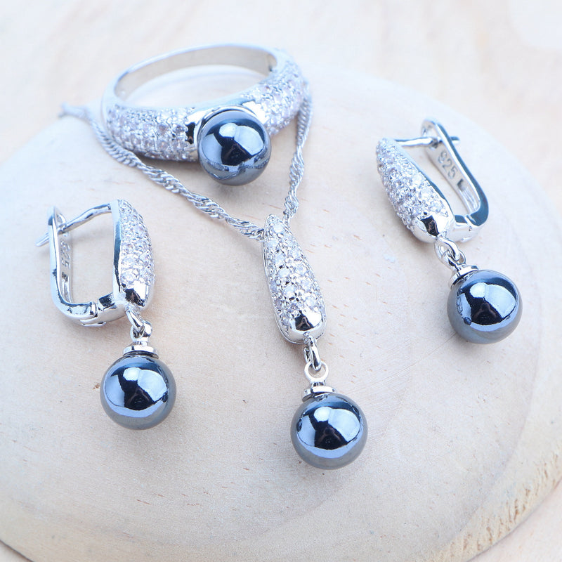 Sterling Silver Natural Black Pearl & White CZ Bridal Jewelry Set for Women