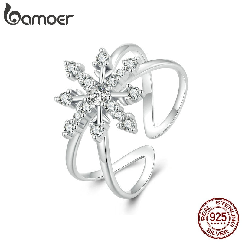 925 Sterling Silver Fantasy Snowflake Opening Geometric Adjustable Ring for Women