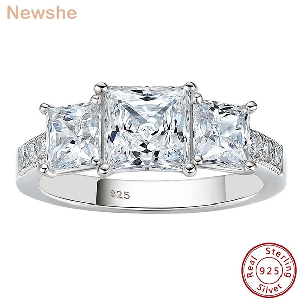 925 Sterling Silver Three-Stone Princess Cut Cubic Zirconia Engagement Ring for Women