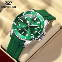 Silicone Strap Green Dial Diver Watch, Waterproof Date Quartz, Men