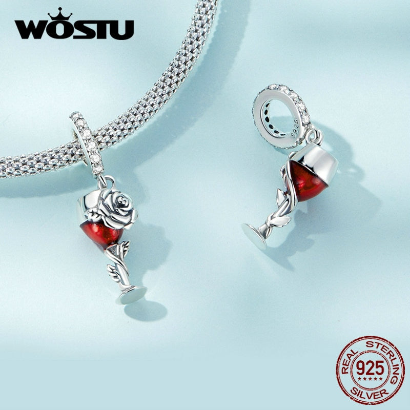 Sterling Silver Rose Flower Charms Wine Cup Pendant with Cherry Beads for DIY Necklace Jewelry.