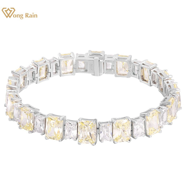 Wong Rain 925 Sterling Silver 3EX Crushed Ice Cut Yellow Sapphire Created Moissanite Diamonds Charm Bracelets for Men Women Gift