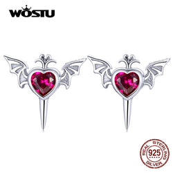 Sterling Silver Heart Wings Stud Earrings with Red & Black Zircon for Women