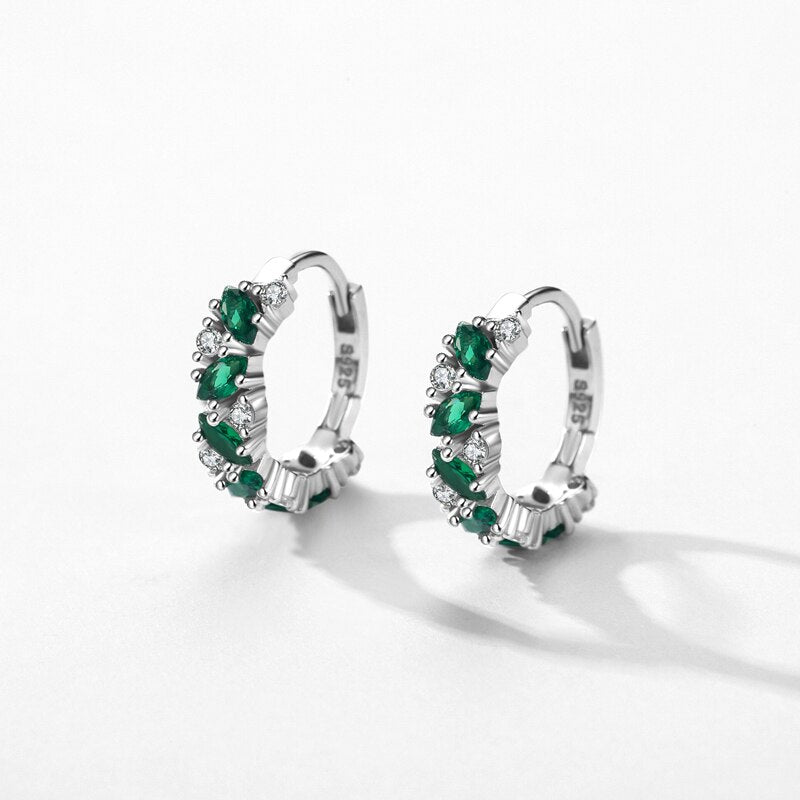 Sterling Silver Green and Clear Rhombus Zirconia Hoop Earrings for Women