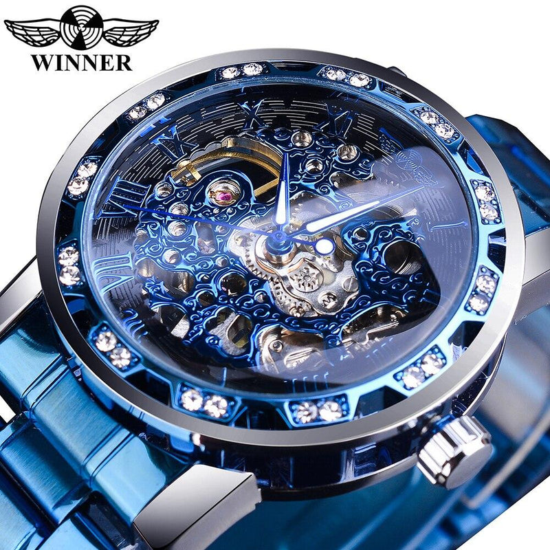 WINNER Transparent Diamond Mechanical Skeleton Blue Dial Design Watch Men Stainless Steel