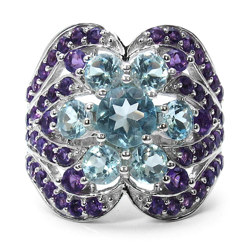 14K Yellow Gold Plated 4.58 Carat Genuine Amethyst & Blue Topaz .925 Sterling Silver Ring