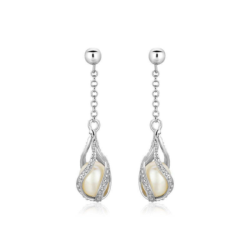 Sterling Silver Twisted Cage Style Earrings with Freshwater Pearls