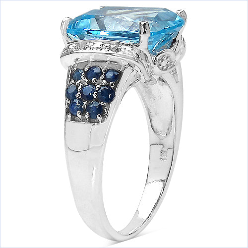 5.20 Carat Genuine Blue Topaz , Blue Sapphire & White Diamond .925 Sterling Silver Ring