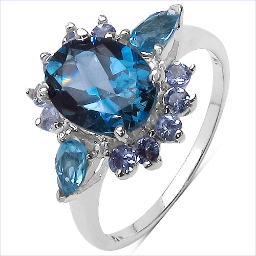 3.29 Carat Genuine London Blue Topaz , Swiss Blue Topaz & Tanzanite .925 Sterling Silver Ring