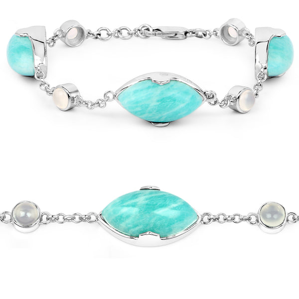 29.70 Carat Genuine Amazonite and White Agate .925 Sterling Silver Bracelet