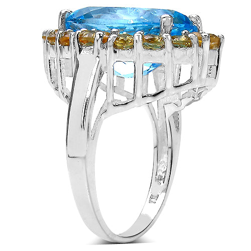 12.73 Carat Genuine Blue Topaz & Citrine .925 Sterling Silver Ring