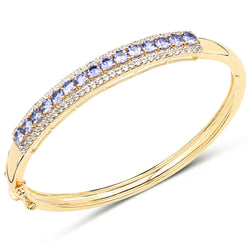 14K Yellow Gold Plated 4.39 Carat Genuine Tanzanite and White Topaz .925 Sterling Silver Bangle