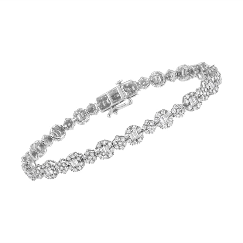 10K White Gold 4.0 cttw Brilliant Round-cut and Baguette Diamond Floral Cluster Link Bracelet (I-J Clarity, I1-I2 Color) - Size 7"