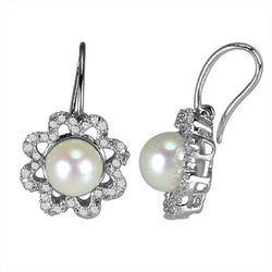 Studded Diamond & Pearl Dangle Earrings 18k White Gold Hook Earrings Jewelry