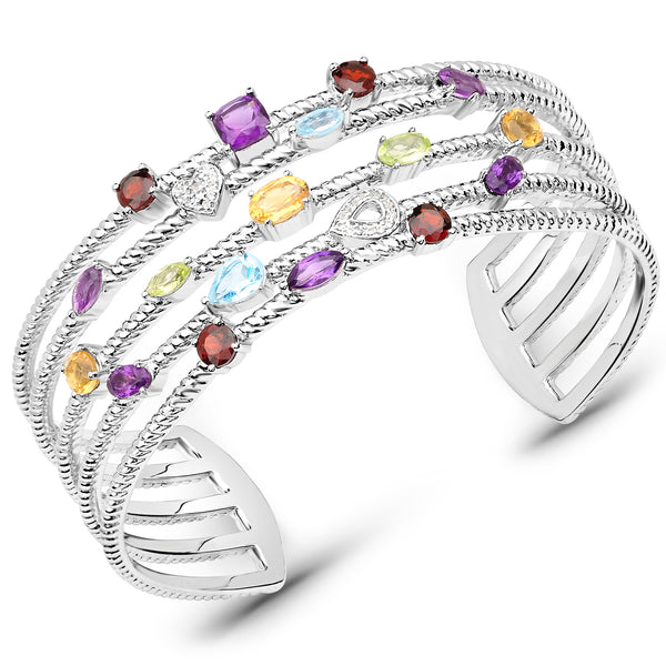 4.89 Carat Genuine Multi Stones .925 Sterling Silver Cuff Bangle