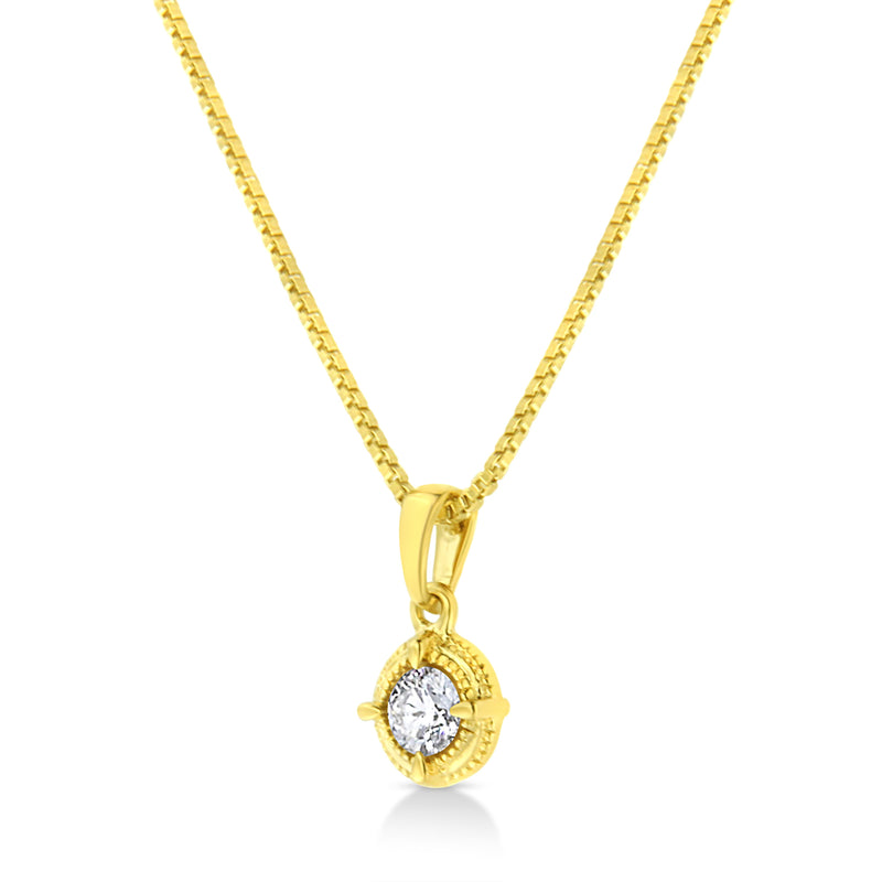 14K Yellow Gold Plated .925 Sterling Silver 1/3 Cttw Brilliant Round Cut Diamond Solitaire Milgrain 18" Pendant Necklace (K-L Color, I2-I3 Clarity)