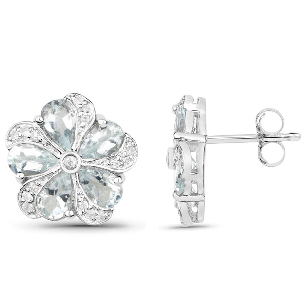 3.81 Carat Genuine Aquamarine and White Zircon .925 Sterling Silver Earrings