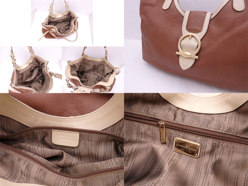Salvatore Ferragamo 2Way Bag Gancini Brown Beige Leather Gold Hardware Handbag Shoulder Ladies