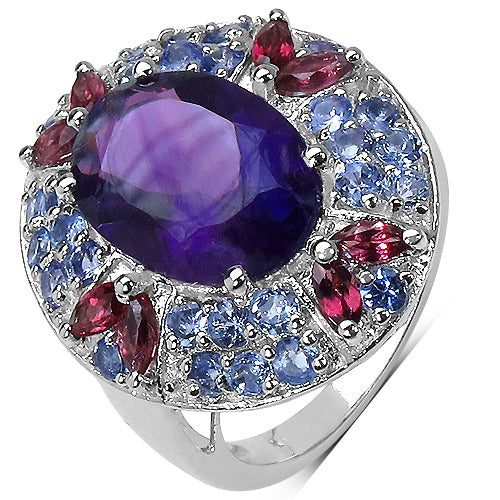 7.02 Carat Genuine Amethyst, Rhodolite & Tanzanite .925 Sterling Silver Ring
