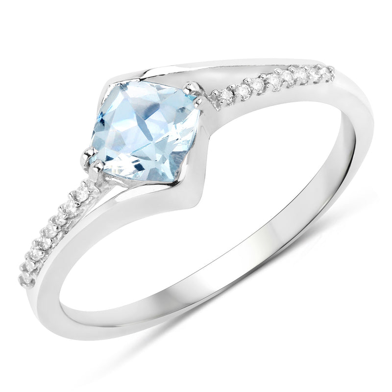0.89 Carat Genuine Aquamarine and White Diamond 14K White Gold Ring