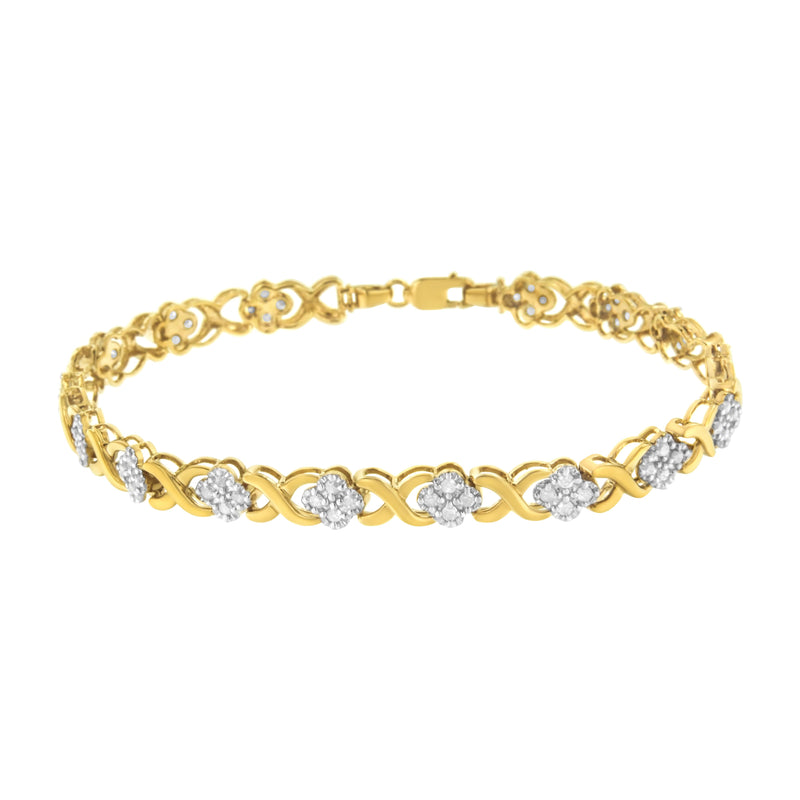 10K Yellow Gold over .925 Sterling Silver 1.0 Cttw Diamond Cluster X Link Tennis Link Bracelet (H-I Color, I3 Clarity) - 7"