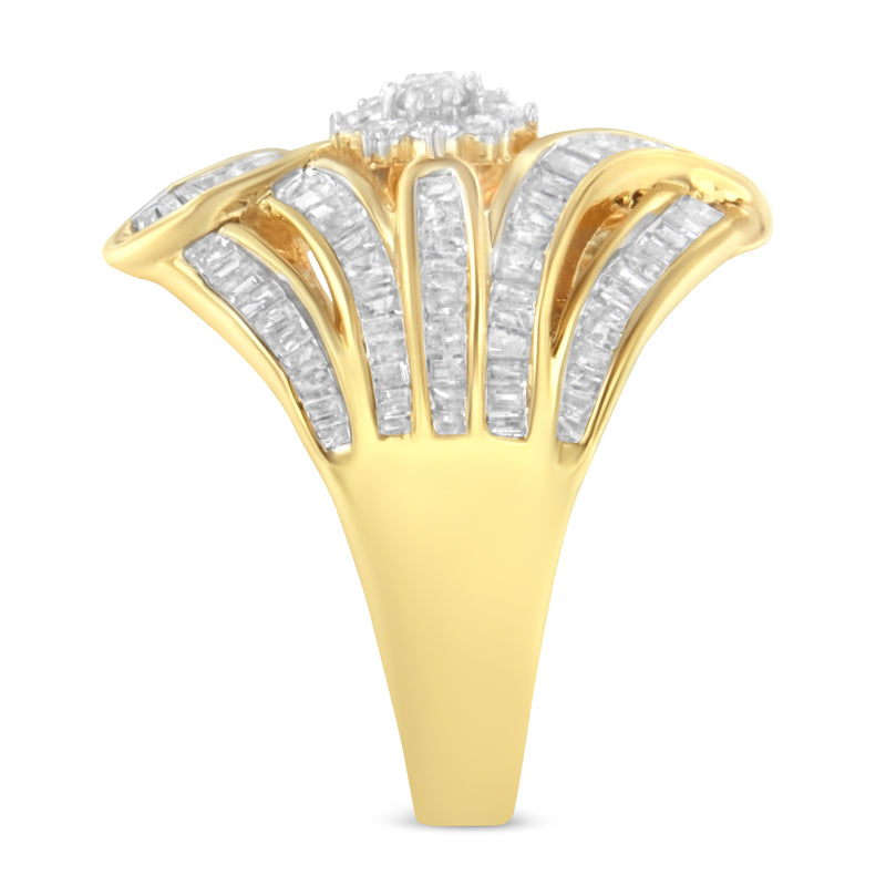 10K Yellow Gold Flashed .925 Sterling Silver 1-1/8 Cttw Round & Baguette Diamond 'Flower & Fern' Cluster Cocktail Fashion Ring (I-J Color, I2-I3 Clarity) - Size 6