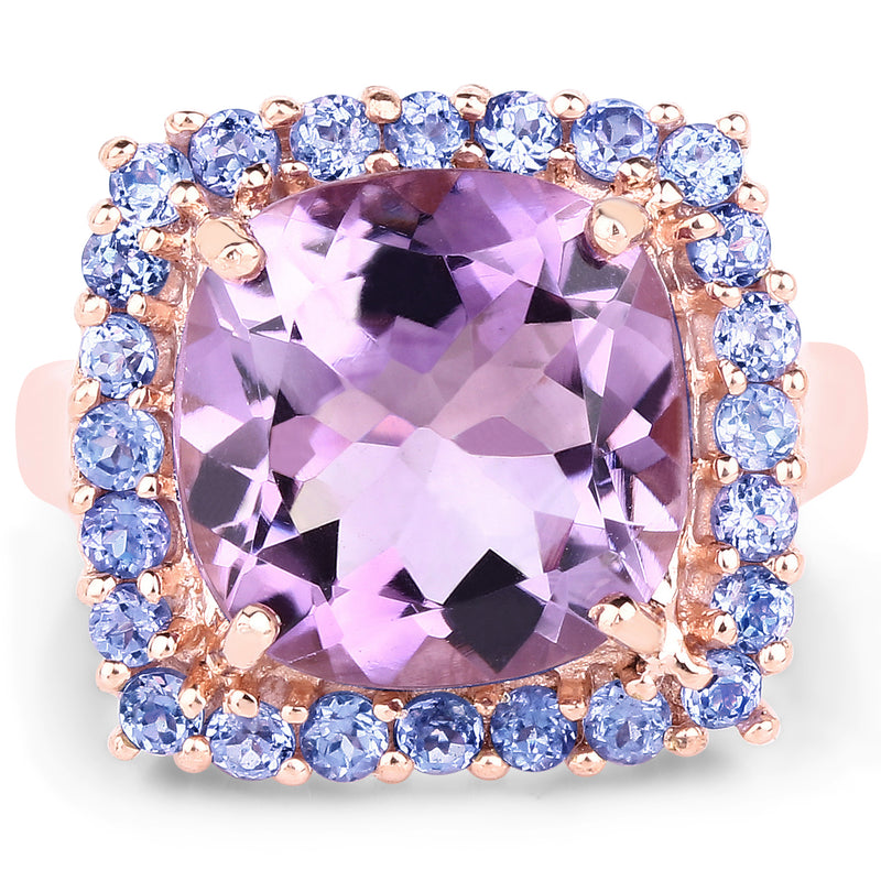 14K Rose Gold Plated 6.53 Carat Genuine Amethyst and Tanzanite Brass Ring