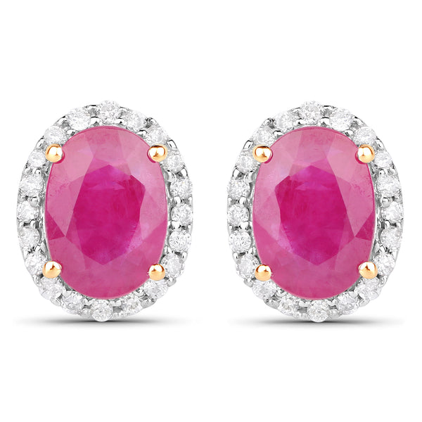 2.06 Carat Genuine Ruby and White Diamond 14K Yellow Gold Earrings