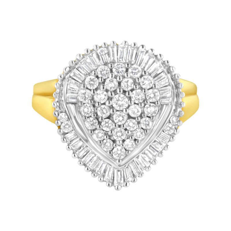 10K Yellow Gold 1.0 Cttw Round and Baguette Cut Diamond Oval Shaped Cluster Ring (I-J Color, I1-I2 Clarity) - Size 7