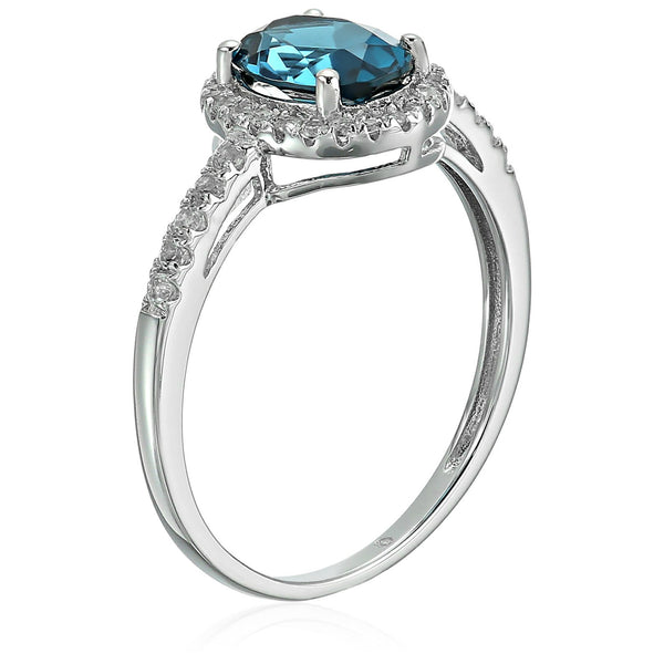 925 Sterling Silver Women Halo Ring London Blue Topaz and Natural Zircon