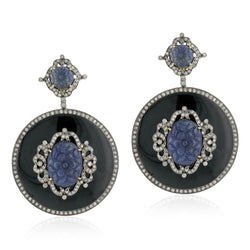 18k Gold Pave Diamond Blue Sapphire Silver Dangle Earrings Enamel Jewelry